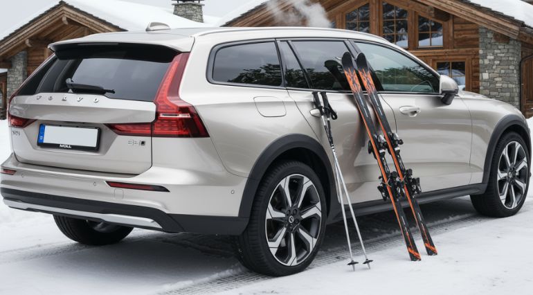 Volvo estate on snowy mountain with skis propped up on the car