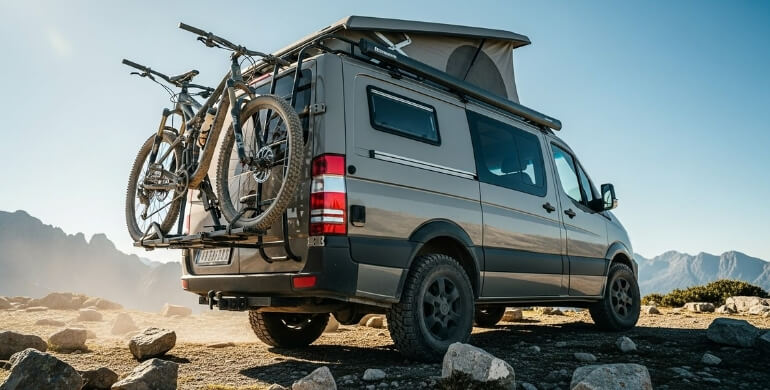 Rear side angle of generic campervan with bikes