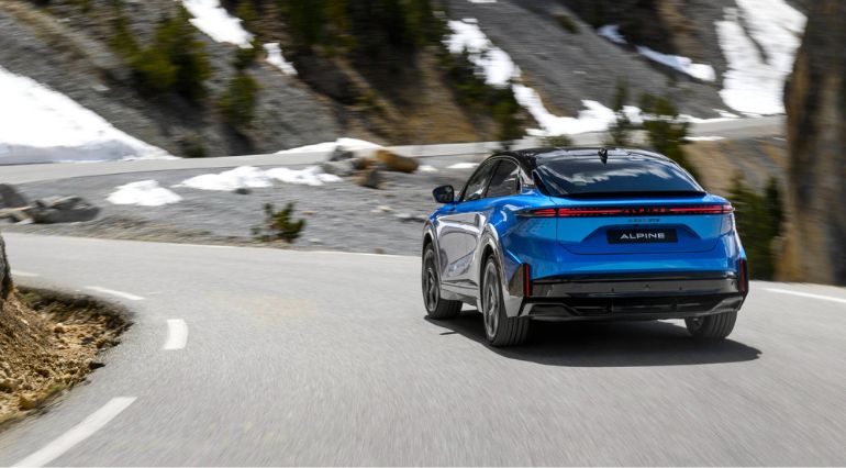 Alpine A390 rear view on a snowy hillside