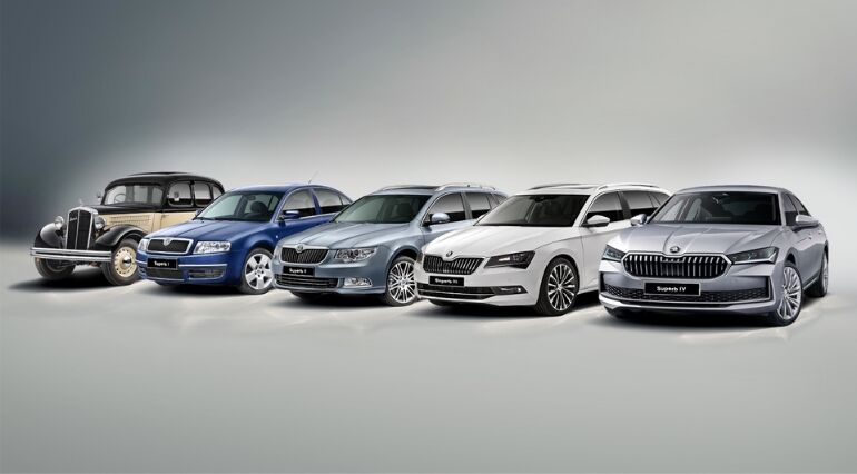 Line up of Skoda Superb generations