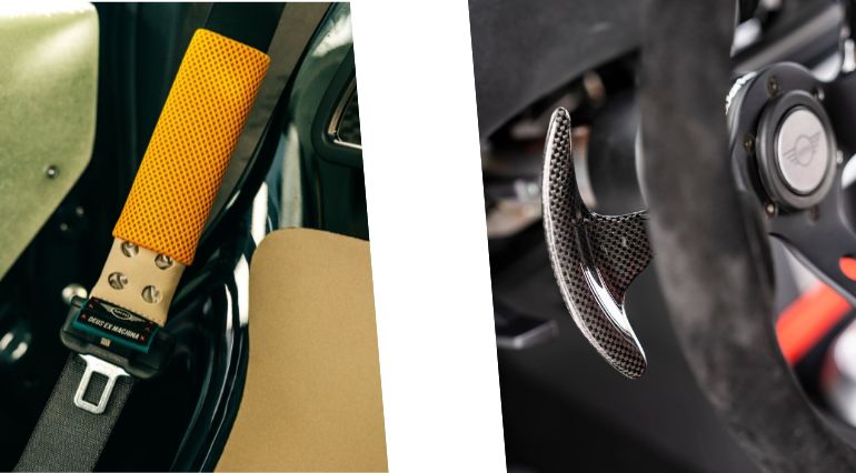 Close up images of the yellow seatbelt detailing and traditional levers