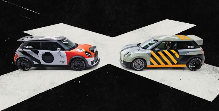 Two customised Mini JCWs facing each other