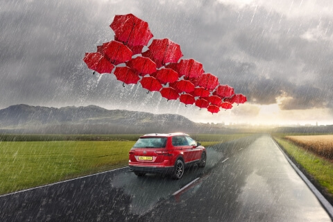 SUV sheltered by umbrellas