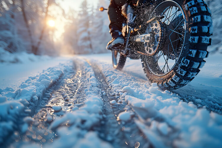 A tyre zoomed in through the snow on a motorbike