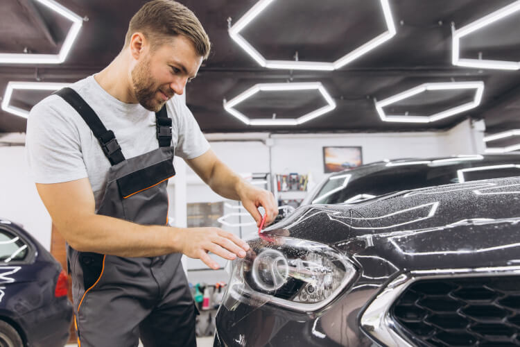 Garage specialist doing car checks with the bonnet up