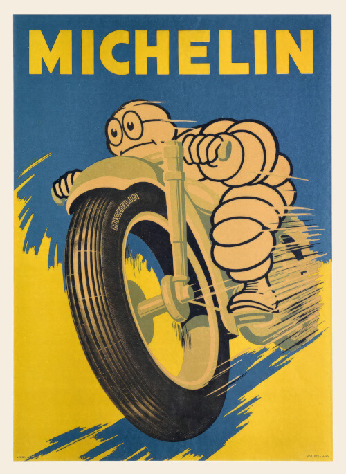 Poster of the Michelin Man on a motorcycle