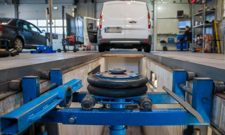 Van being inspected in a garage